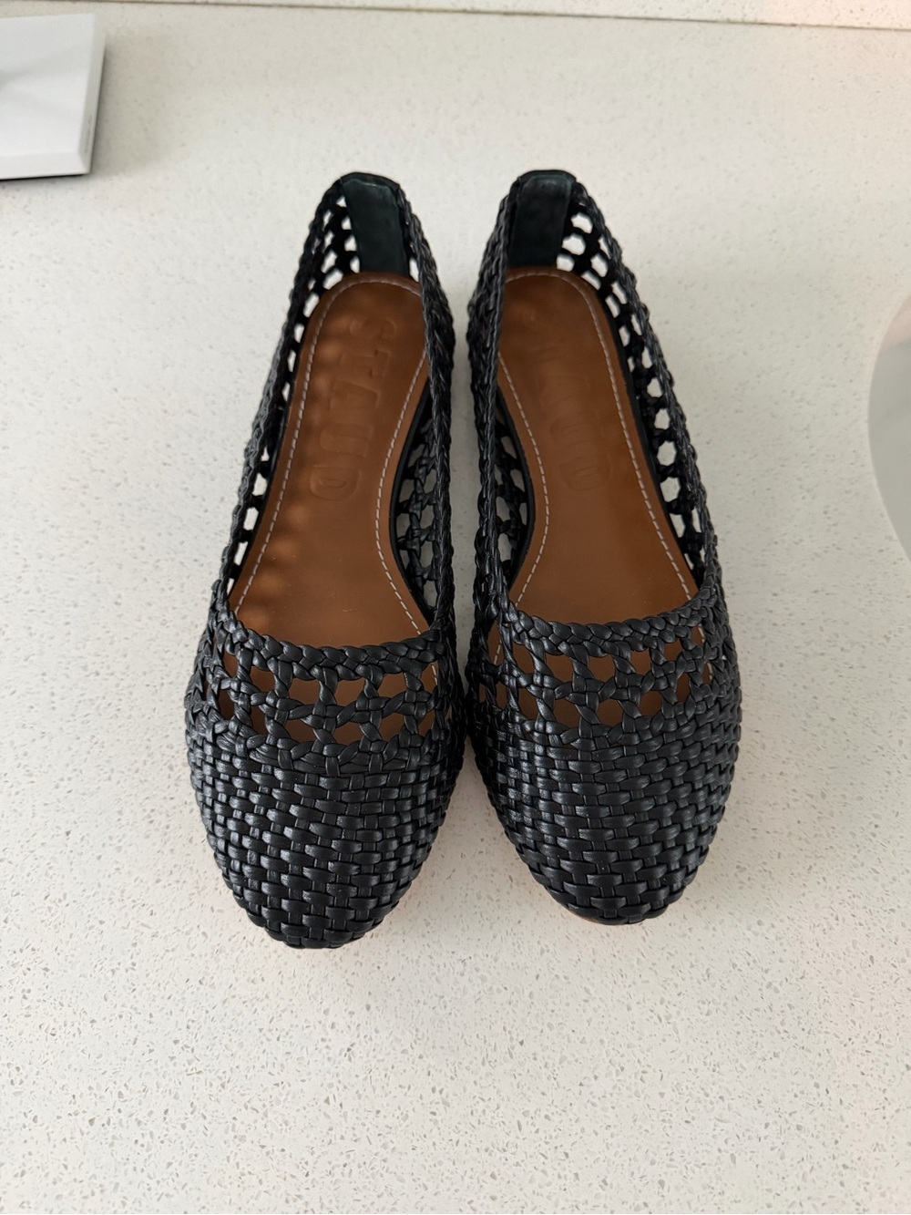 STAUD Black Woven Leather Ballet Flats